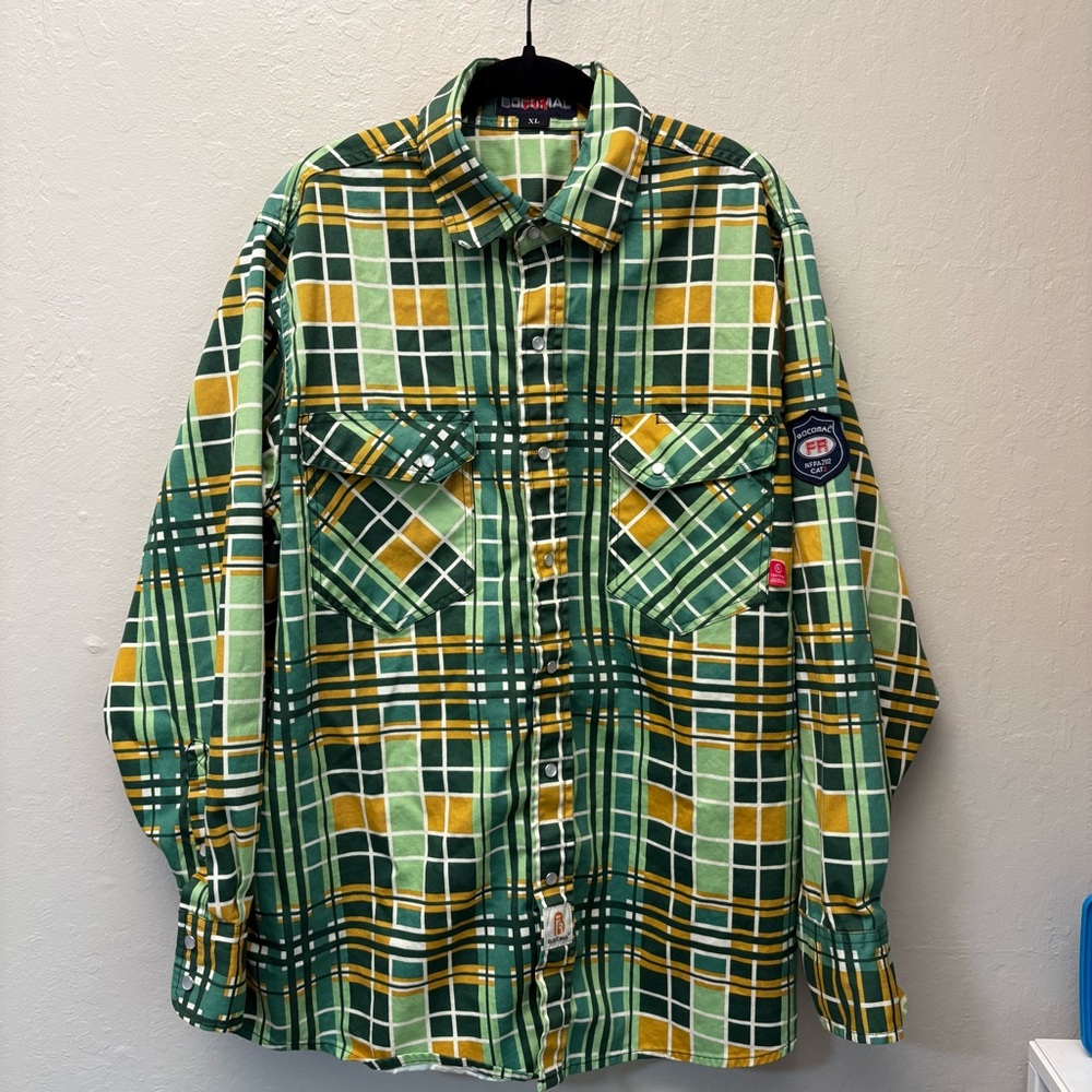 Bocomal FR CAT II (2) NFOA 2112 Green & Yellow Plaid Long Sleeve Button Shirt XL